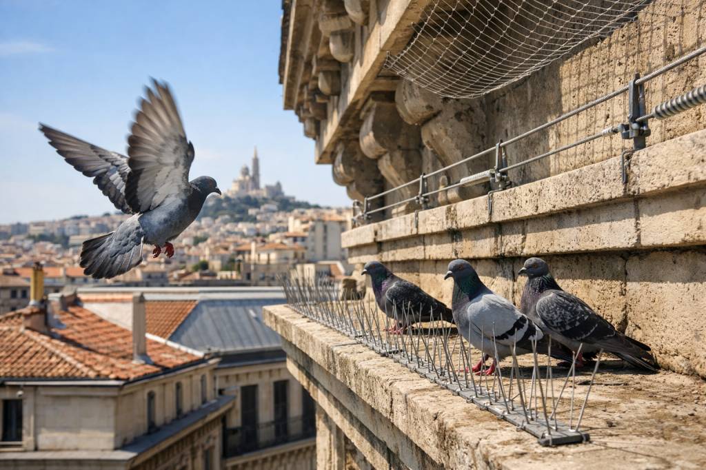 Traitement anti pigeon Marseille : méthodes dissuasives et réglementées pour façades et toitures
